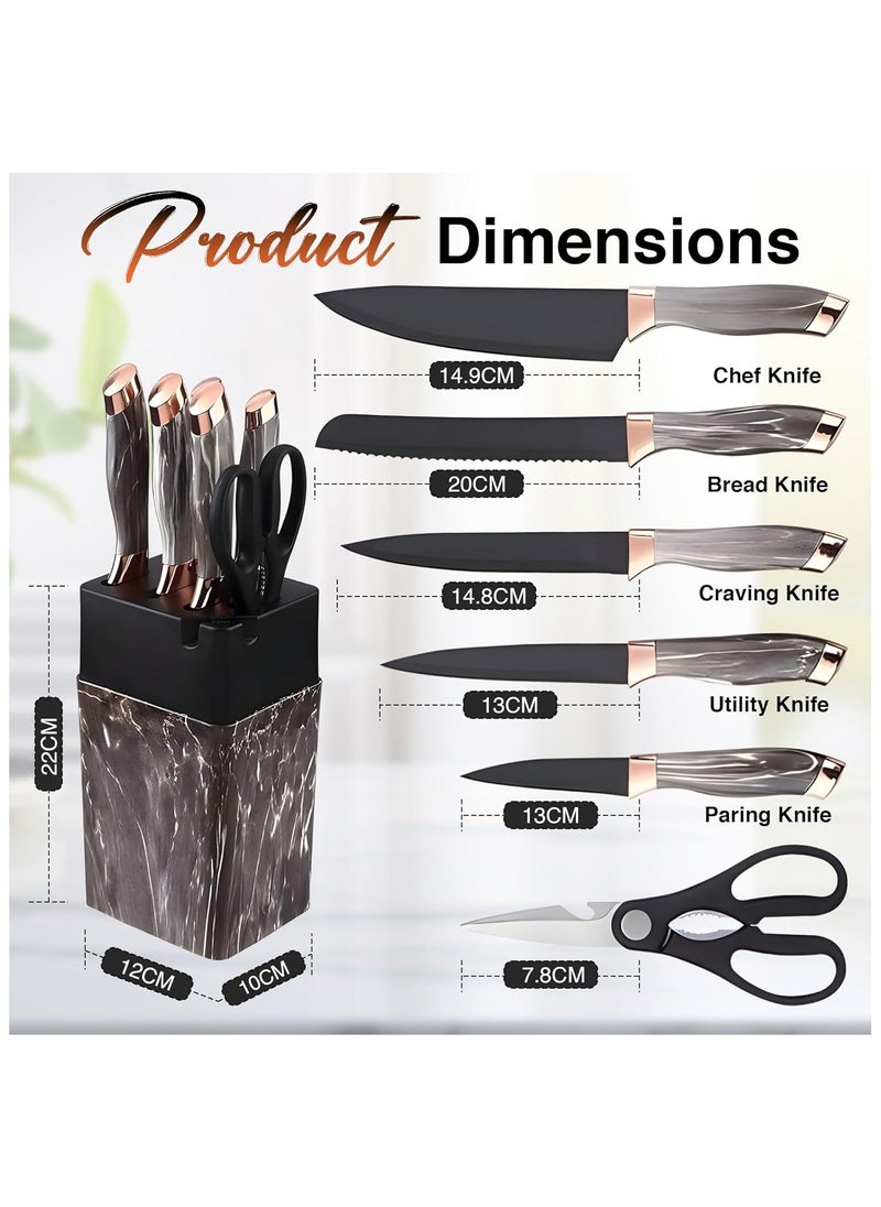 7-Piece Stainless Steel Knife Set with Holder – Sharp Kitchen Chef Knives with Scissors, Sharpener & Marble Handles – Premium Cutlery Set for Home & Professional Use