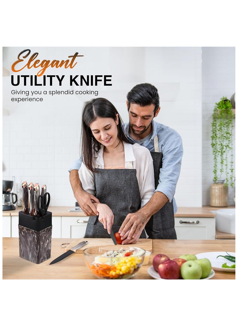 7-Piece Stainless Steel Knife Set with Holder – Sharp Kitchen Chef Knives with Scissors, Sharpener & Marble Handles – Premium Cutlery Set for Home & Professional Use