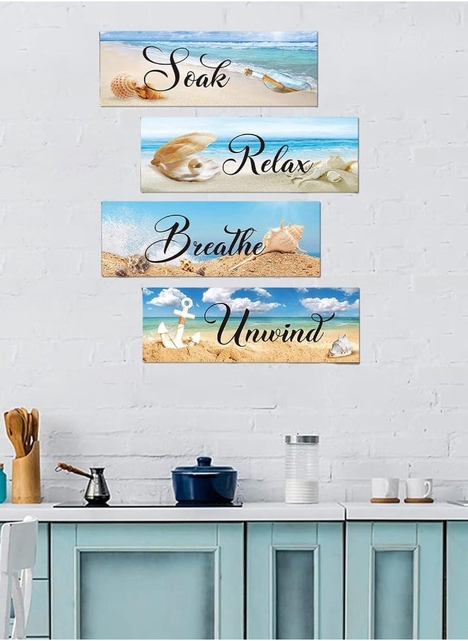 4 Pieces Ocean Beach Bathroom Wall Decors Wood Wall Art Bathroom Sign Hanging Wooden Sign for Living Room Laundry Bathroom Spa Washroom