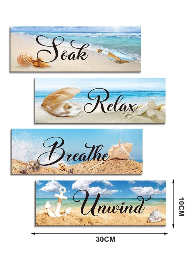 4 Pieces Ocean Beach Bathroom Wall Decors Wood Wall Art Bathroom Sign Hanging Wooden Sign for Living Room Laundry Bathroom Spa Washroom