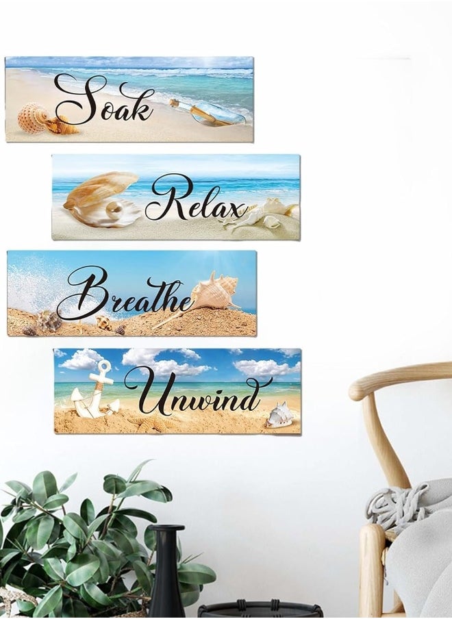 4 Pieces Ocean Beach Bathroom Wall Decors Wood Wall Art Bathroom Sign Hanging Wooden Sign for Living Room Laundry Bathroom Spa Washroom