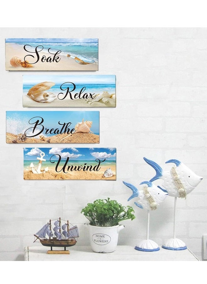 4 Pieces Ocean Beach Bathroom Wall Decors Wood Wall Art Bathroom Sign Hanging Wooden Sign for Living Room Laundry Bathroom Spa Washroom