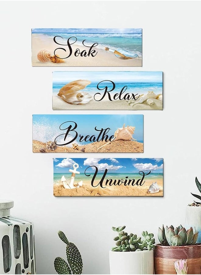 4 Pieces Ocean Beach Bathroom Wall Decors Wood Wall Art Bathroom Sign Hanging Wooden Sign for Living Room Laundry Bathroom Spa Washroom