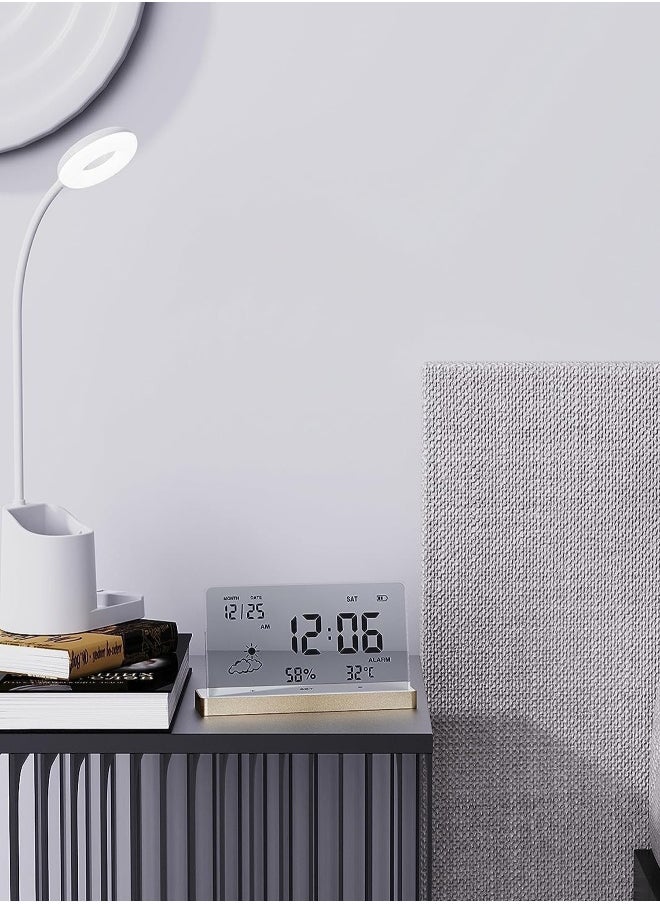 Alarm Clock for Bedroom, 3 Lould Alarms, Transparent LCD Display with Indoor Temperature and Humidness, Endurance Over 40 Days, Future Digital Clock for Gifts