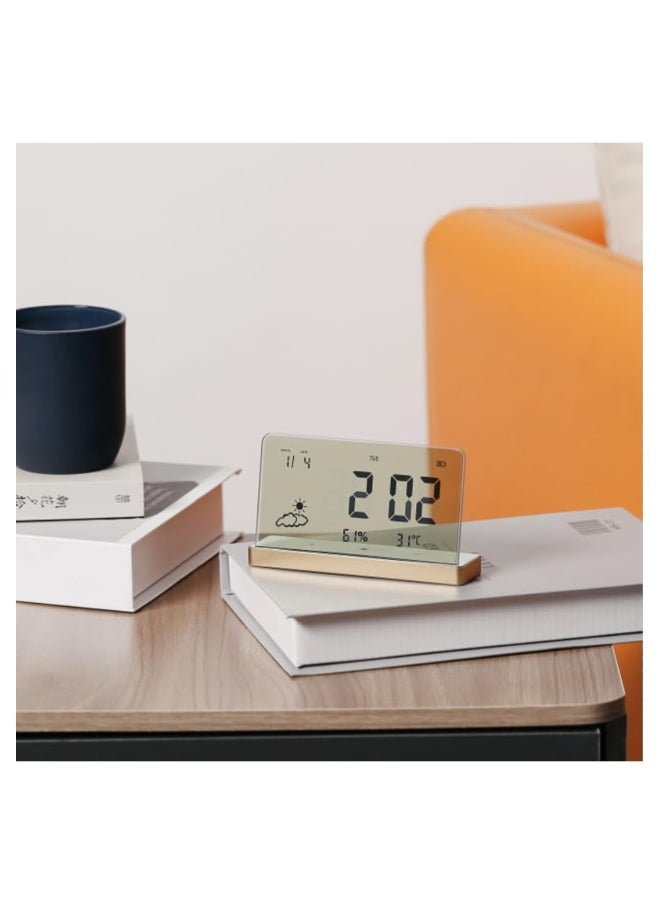Alarm Clock for Bedroom, 3 Lould Alarms, Transparent LCD Display with Indoor Temperature and Humidness, Endurance Over 40 Days, Future Digital Clock for Gifts