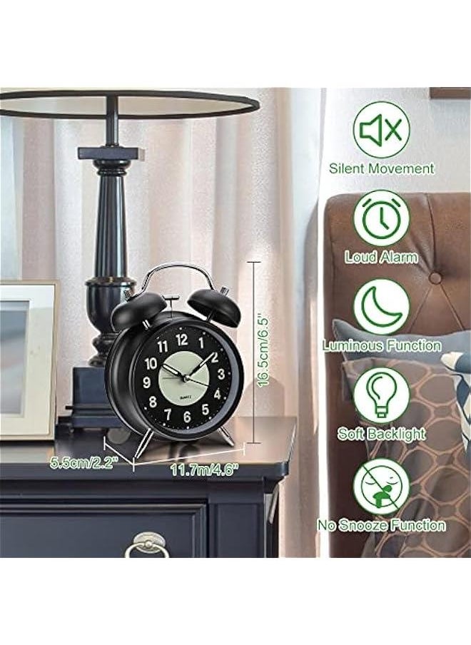 Twin Bell Alarm Clock, 4 Inches Vintage Super Loud Analog Alarm Clock for Heavy Sleepers, Non-Ticking Silent Battery Operated Alarm Clock with Backlight for Bedroom Bedside Desk - Classic Black