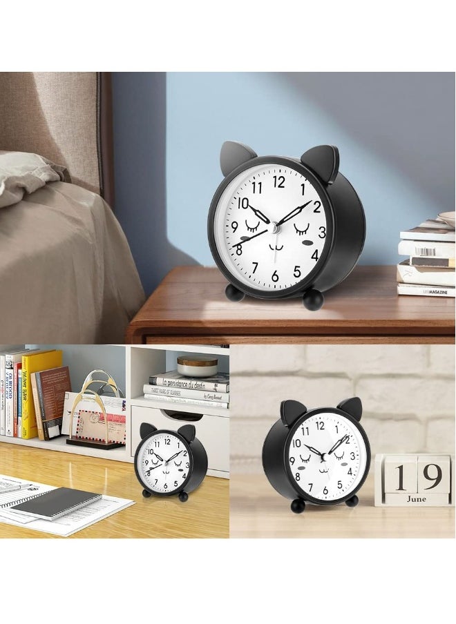 Kids Alarm Clock, 3.11 Cute Round Metal Cat Alarm Clock, with Warm Night Light Non-Ticking Classic Alarm Clock Battery Operated Simple Alarm Clock for Girls Boys for Bedroom Bedside Desk Black