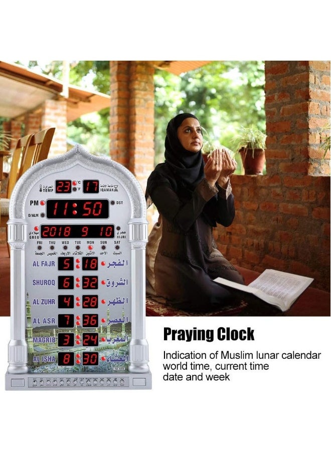 Digital Azan Clock with Charger and Remote ,Desktop dgital clcok Wall Clock, Islamic Clock，Led Prayer Clock for Read Home/Office/Mosque Digital Azan Clock/Decorative Clock Silver 23x5x39 cm