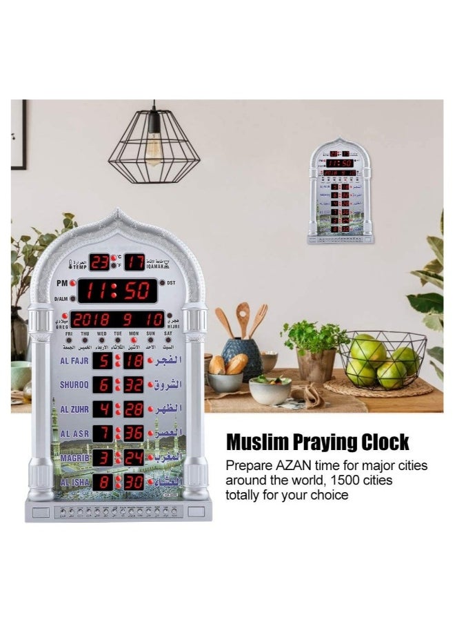 Digital Azan Clock with Charger and Remote ,Desktop dgital clcok Wall Clock, Islamic Clock，Led Prayer Clock for Read Home/Office/Mosque Digital Azan Clock/Decorative Clock Silver 23x5x39 cm