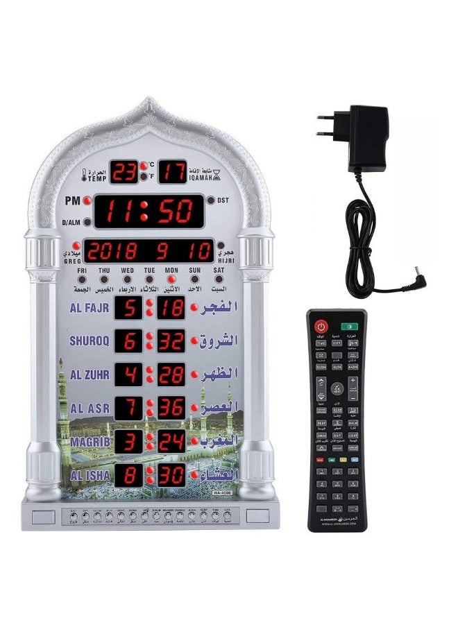 Digital Azan Clock with Charger and Remote ,Desktop dgital clcok Wall Clock, Islamic Clock，Led Prayer Clock for Read Home/Office/Mosque Digital Azan Clock/Decorative Clock Silver 23x5x39 cm