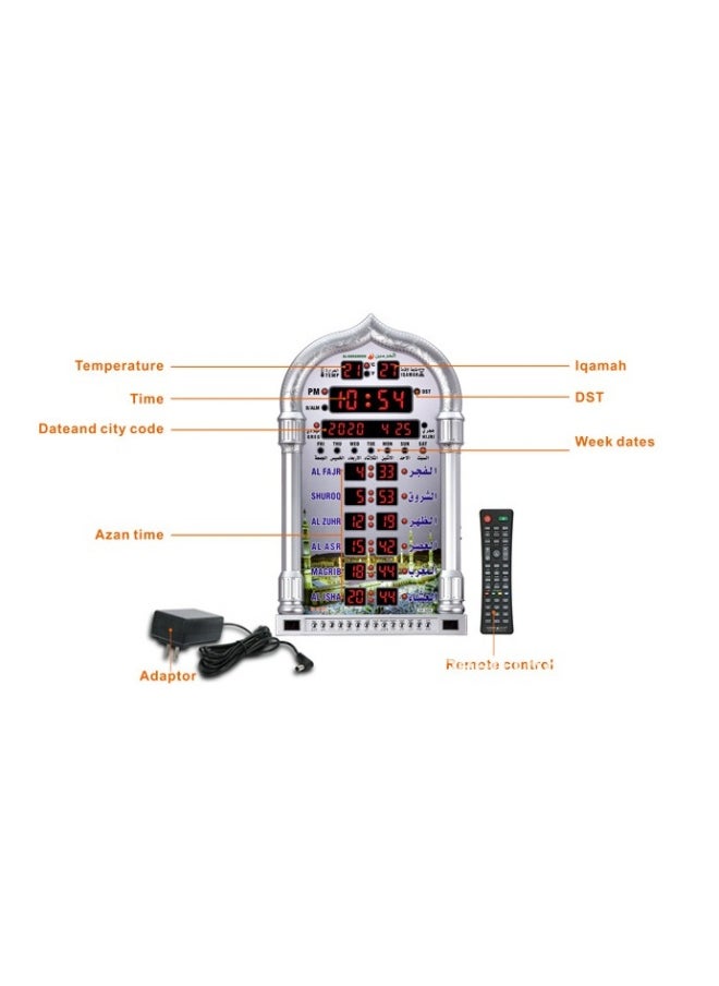 Digital Azan Clock with Charger and Remote ,Desktop dgital clcok Wall Clock, Islamic Clock，Led Prayer Clock for Read Home/Office/Mosque Digital Azan Clock/Decorative Clock Silver 23x5x39 cm