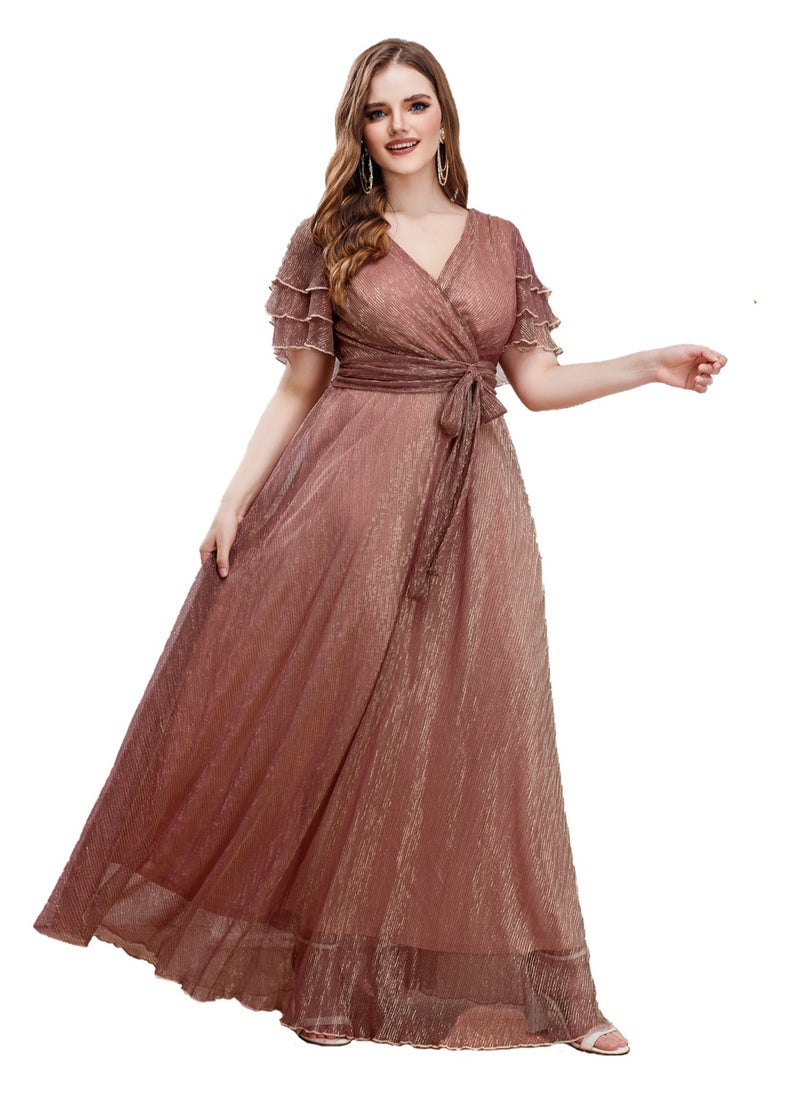 Women's Chiffon V-Neck Multi Layered Sleeves Maxi Dress Summer Elegant High Waist Ceremonial Dress