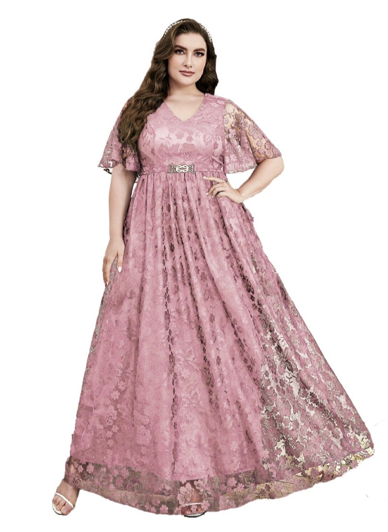 Women's V-Neck Ruffles Sleeves Lace Maxi Dress Summer Plus Size Semi Formal Ceremonial Dress Pink
