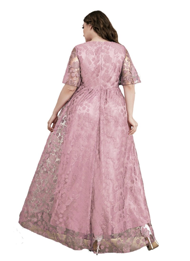 Women's V-Neck Ruffles Sleeves Lace Maxi Dress Summer Plus Size Semi Formal Ceremonial Dress Pink