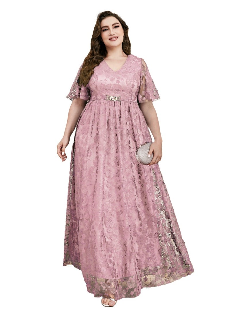 Women's V-Neck Ruffles Sleeves Lace Maxi Dress Summer Plus Size Semi Formal Ceremonial Dress Pink