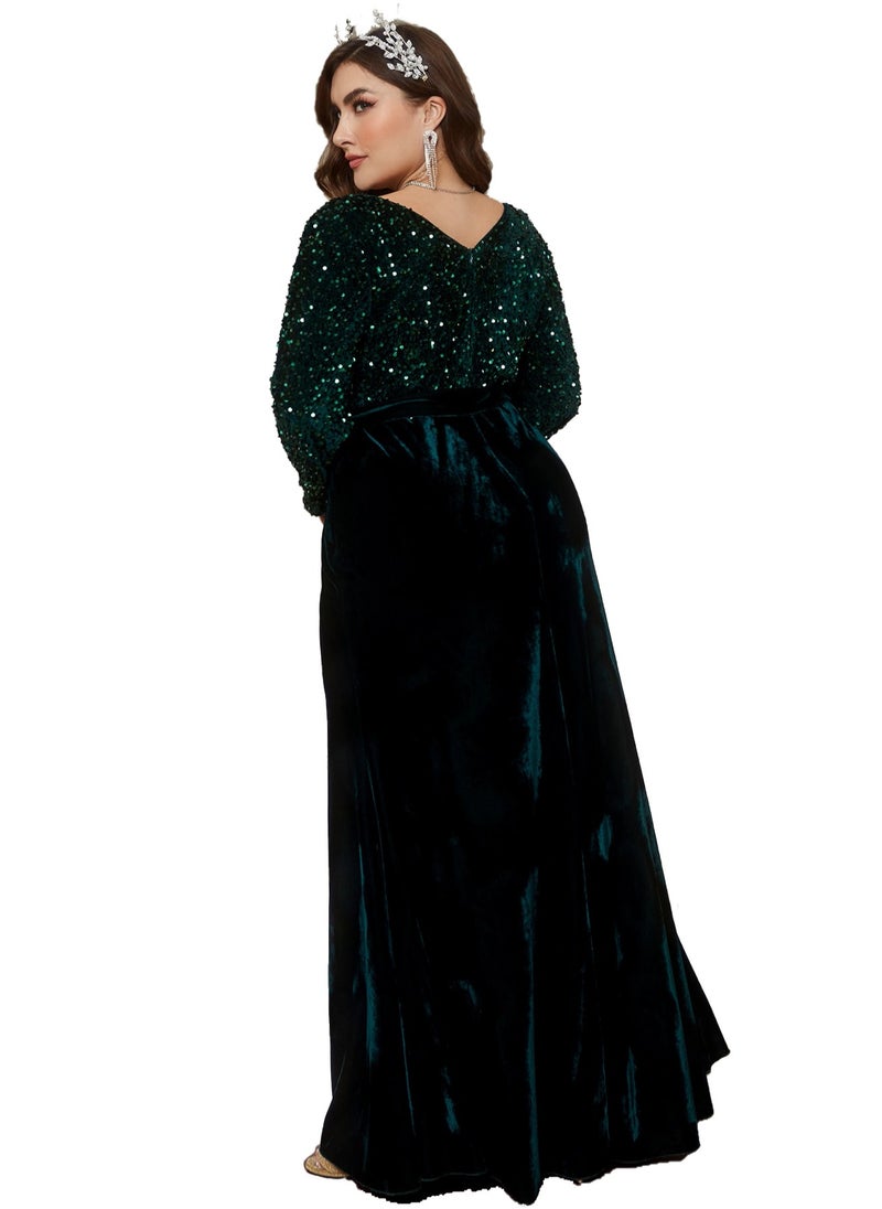 Women's Velvet V-Neck Long Sleeves Sequin Decoration Maxi Dress Elegant High Waist Ceremonial Dress