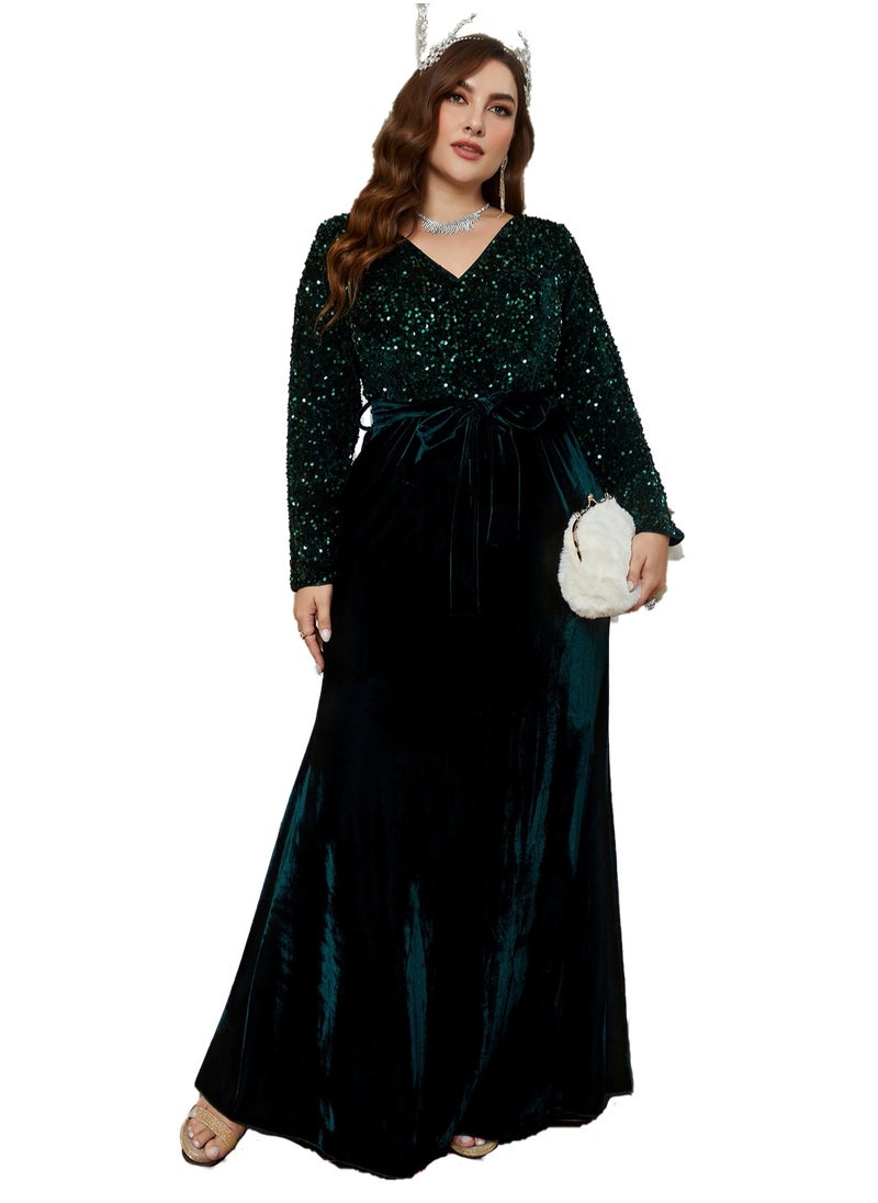 Women's Velvet V-Neck Long Sleeves Sequin Decoration Maxi Dress Elegant High Waist Ceremonial Dress