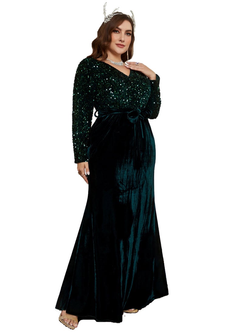 Women's Velvet V-Neck Long Sleeves Sequin Decoration Maxi Dress Elegant High Waist Ceremonial Dress