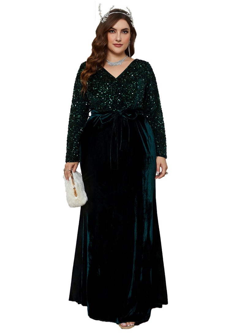 Women's Velvet V-Neck Long Sleeves Sequin Decoration Maxi Dress Elegant High Waist Ceremonial Dress