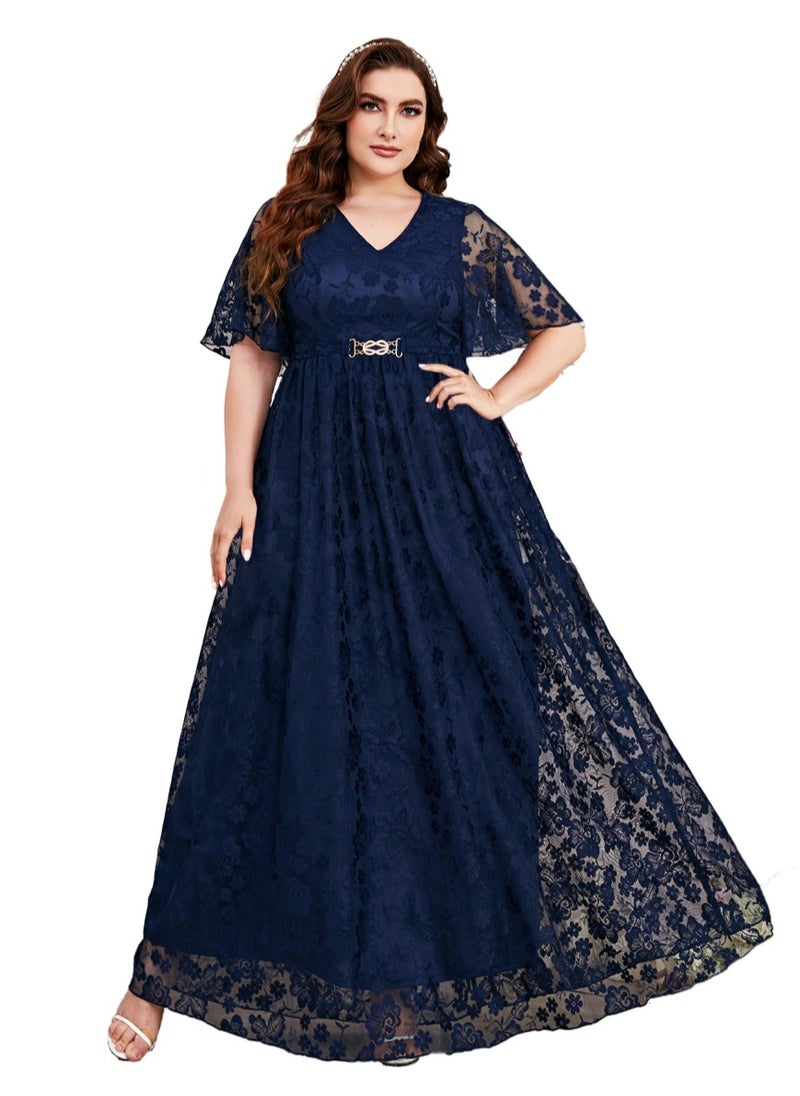 Women's V-Neck Ruffles Sleeves Lace Maxi Dress Summer Plus Size Semi Formal Ceremonial Dress Dark Blue