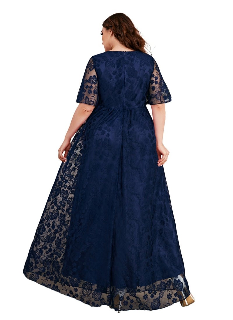 Women's V-Neck Ruffles Sleeves Lace Maxi Dress Summer Plus Size Semi Formal Ceremonial Dress Dark Blue