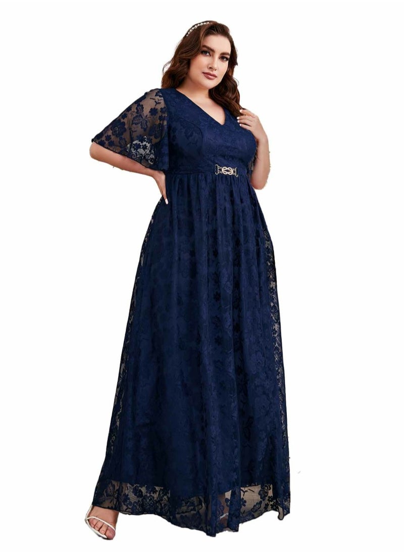 Women's V-Neck Ruffles Sleeves Lace Maxi Dress Summer Plus Size Semi Formal Ceremonial Dress Dark Blue