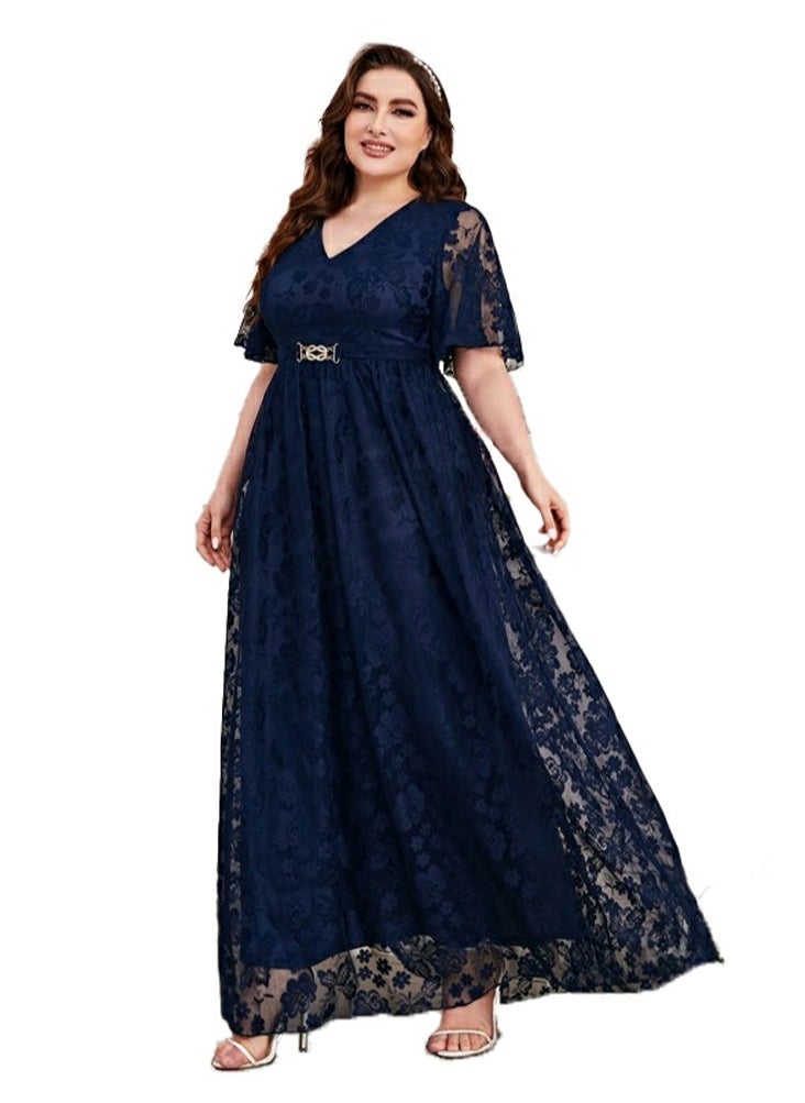 Women's V-Neck Ruffles Sleeves Lace Maxi Dress Summer Plus Size Semi Formal Ceremonial Dress Dark Blue