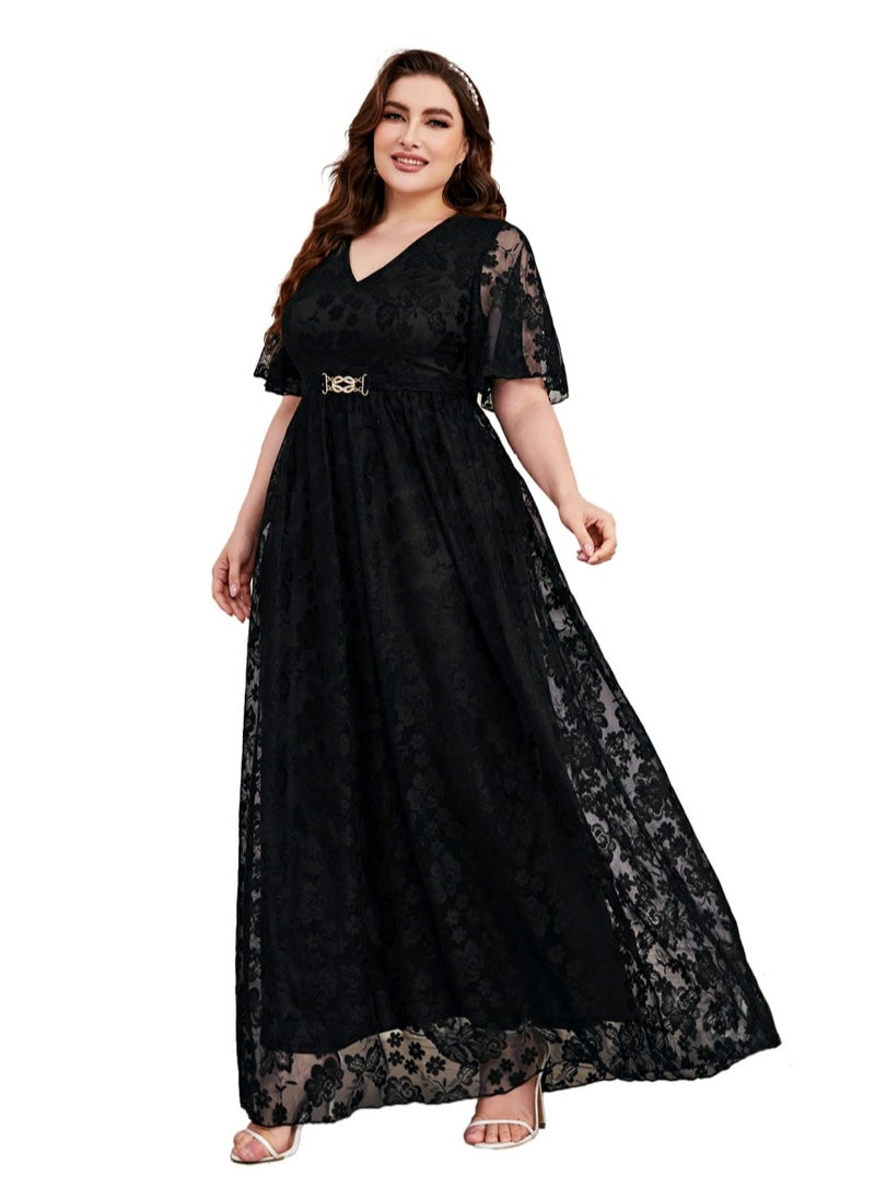 Women's V-Neck Ruffles Sleeves Lace Maxi Dress Summer Plus Size Semi Formal Ceremonial Dress Black
