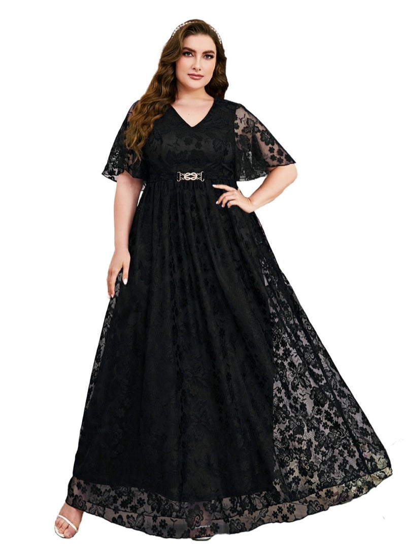 Women's V-Neck Ruffles Sleeves Lace Maxi Dress Summer Plus Size Semi Formal Ceremonial Dress Black