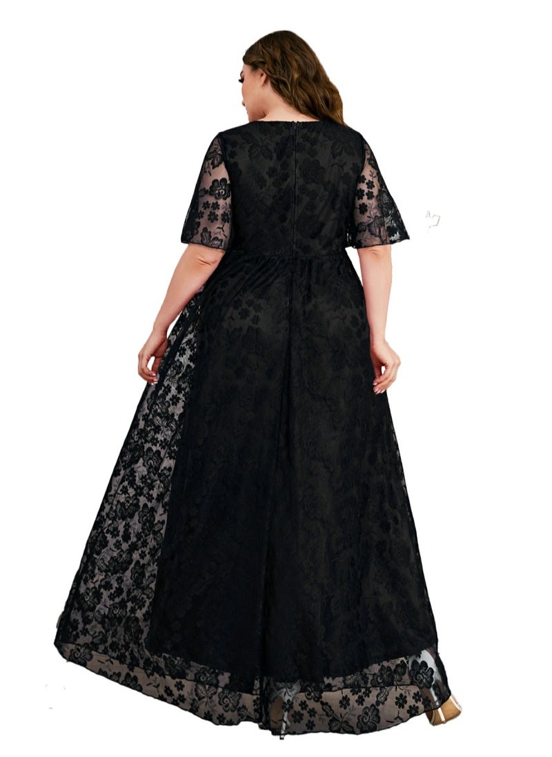 Women's V-Neck Ruffles Sleeves Lace Maxi Dress Summer Plus Size Semi Formal Ceremonial Dress Black