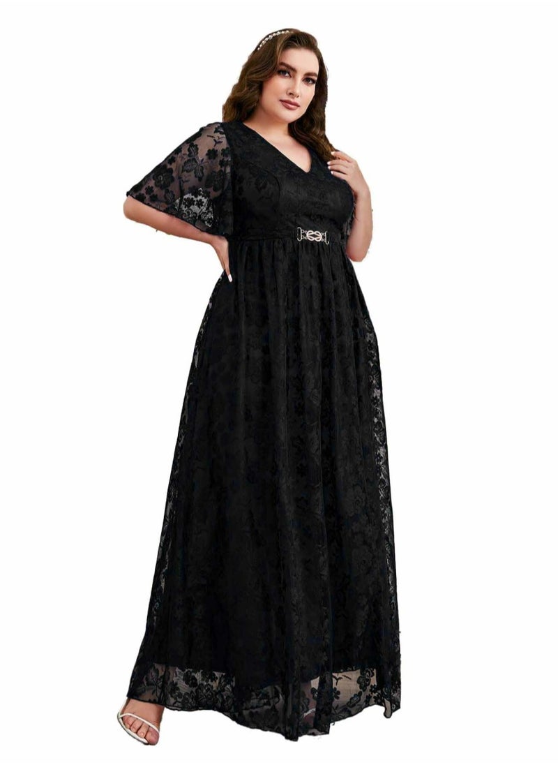 Women's V-Neck Ruffles Sleeves Lace Maxi Dress Summer Plus Size Semi Formal Ceremonial Dress Black
