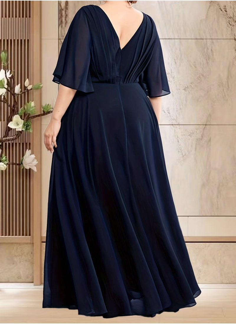 Women's V-Neck Embroider Ruffles Sleeves Maxi Dress Summer Plus Size Ceremonial Dress Navy Blue