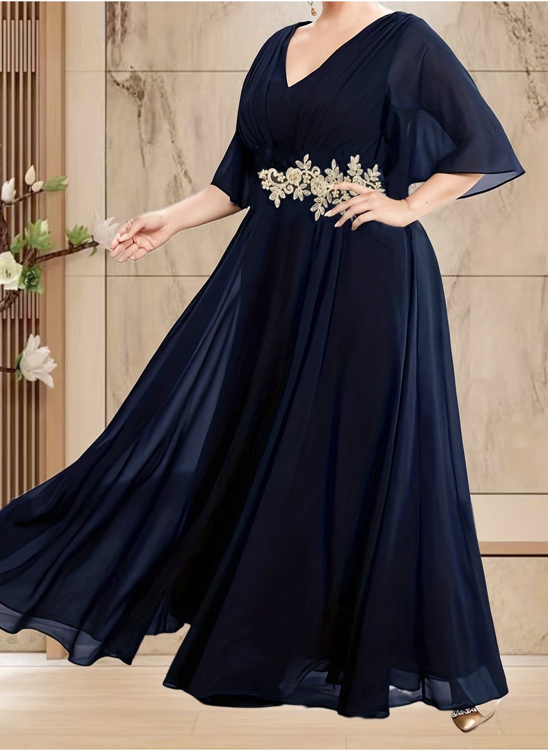 Women's V-Neck Embroider Ruffles Sleeves Maxi Dress Summer Plus Size Ceremonial Dress Navy Blue
