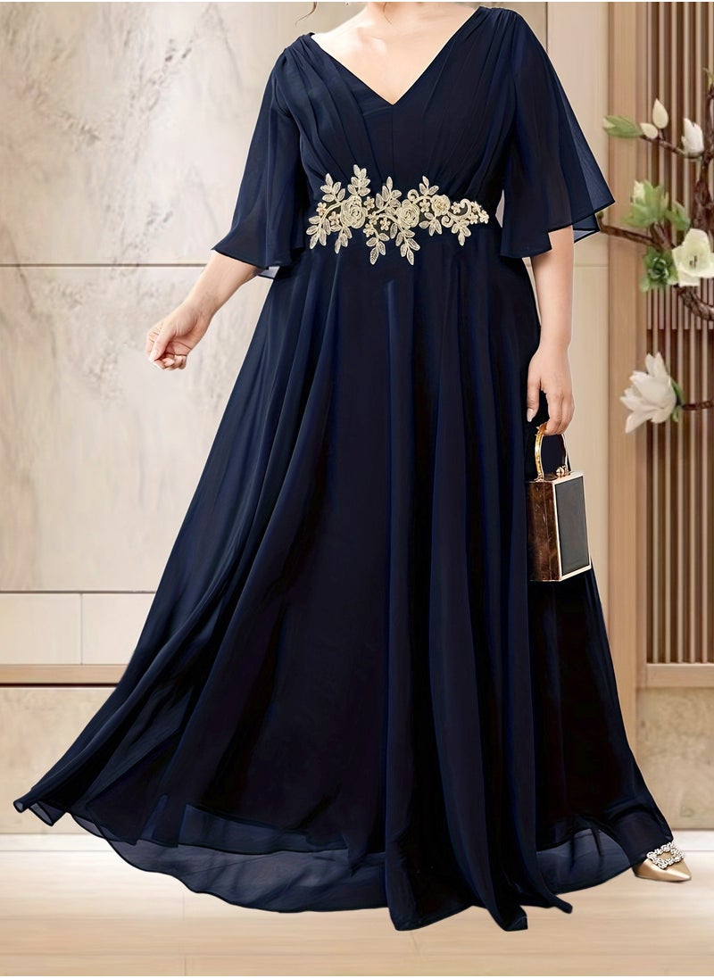 Women's V-Neck Embroider Ruffles Sleeves Maxi Dress Summer Plus Size Ceremonial Dress Navy Blue