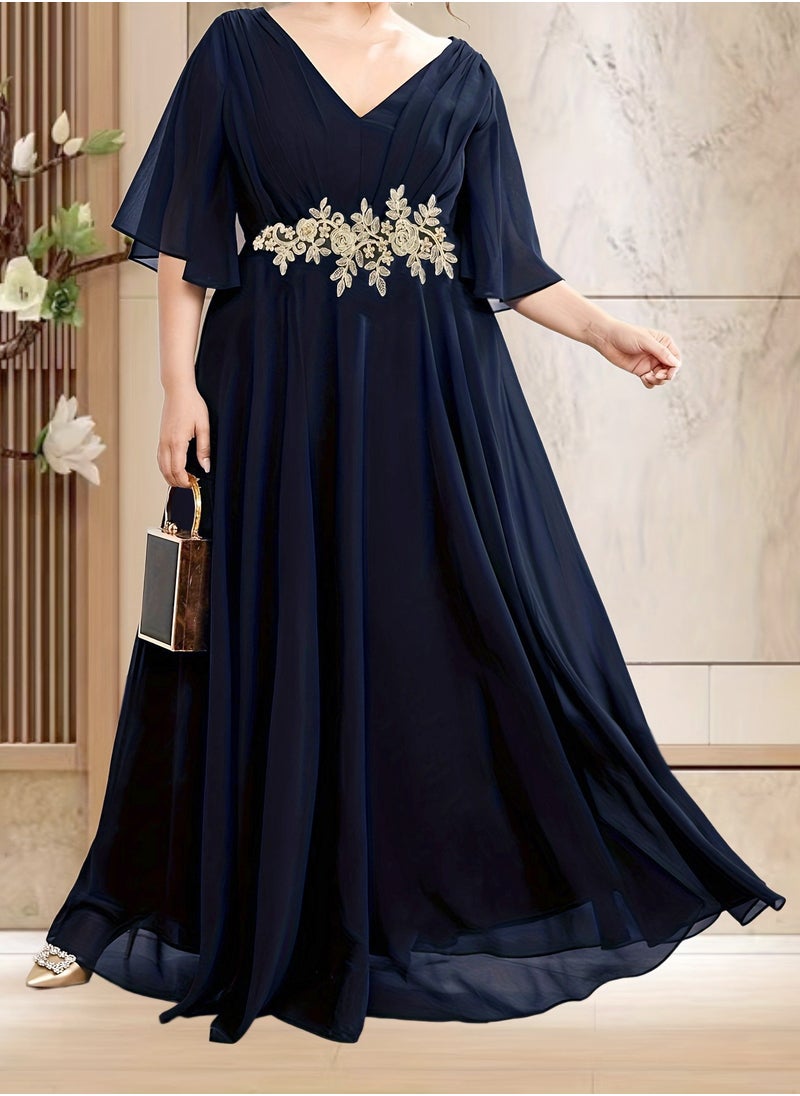 Women's V-Neck Embroider Ruffles Sleeves Maxi Dress Summer Plus Size Ceremonial Dress Navy Blue