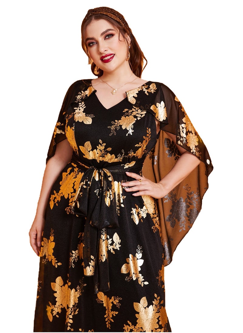 Women's V-Neck Bronzing Printing Shawl Sleeves Maxi Dress Summer Plus Size Ceremonial Dress