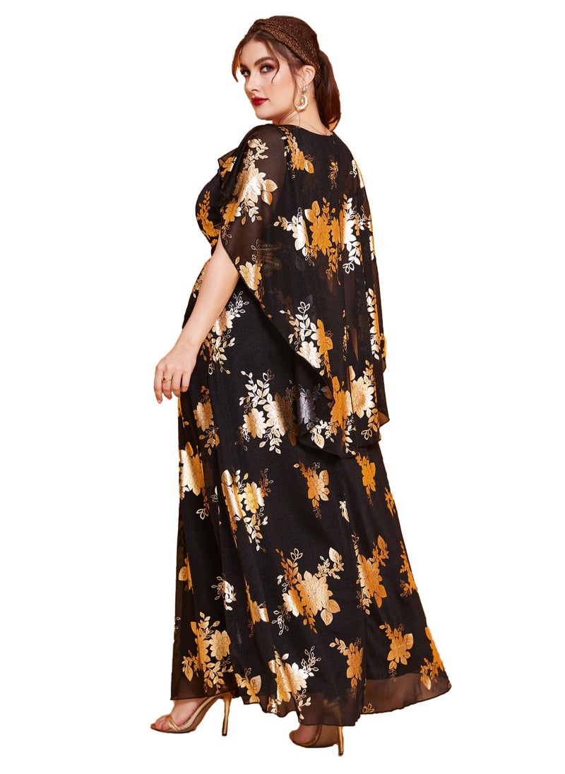 Women's V-Neck Bronzing Printing Shawl Sleeves Maxi Dress Summer Plus Size Ceremonial Dress