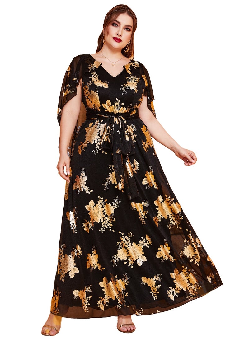 Women's V-Neck Bronzing Printing Shawl Sleeves Maxi Dress Summer Plus Size Ceremonial Dress