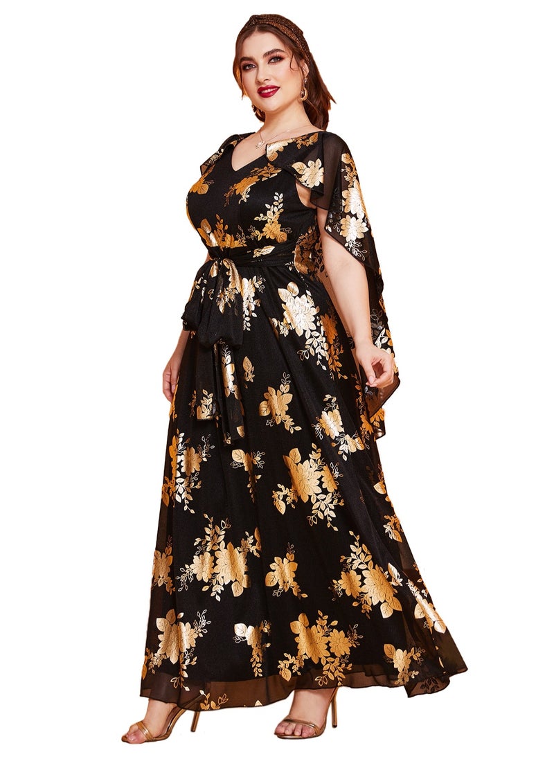 Women's V-Neck Bronzing Printing Shawl Sleeves Maxi Dress Summer Plus Size Ceremonial Dress