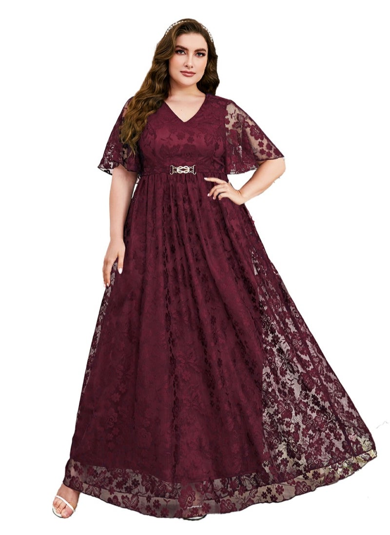 Women's V-Neck Ruffles Sleeves Lace Maxi Dress Summer Plus Size Semi Formal Ceremonial Dress Wine Red