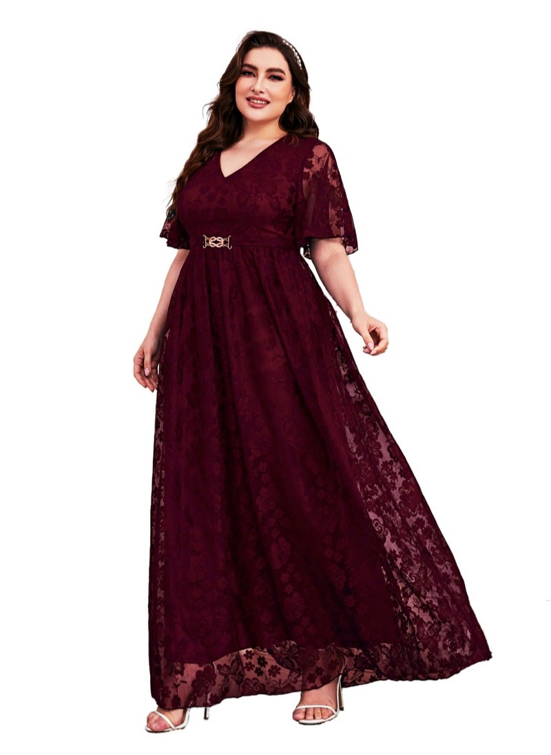 Women's V-Neck Ruffles Sleeves Lace Maxi Dress Summer Plus Size Semi Formal Ceremonial Dress Wine Red