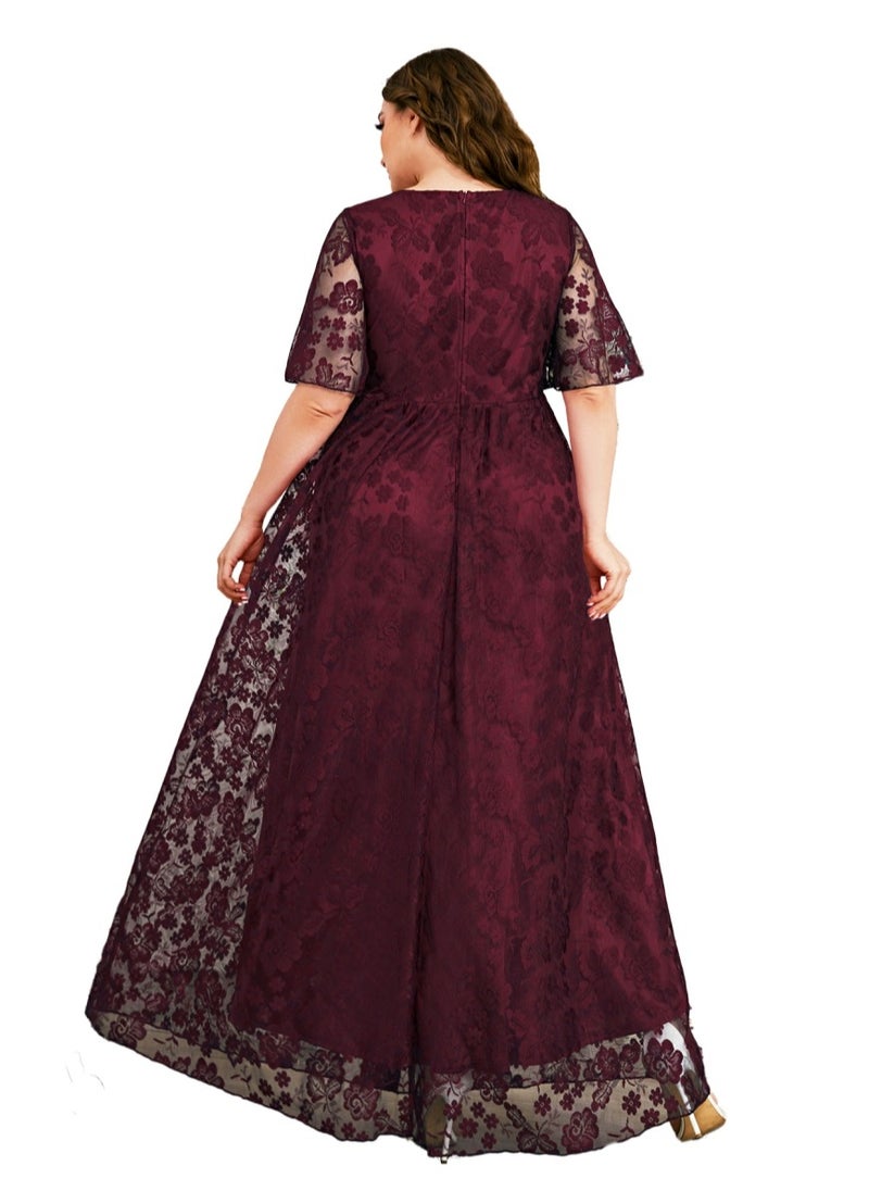 Women's V-Neck Ruffles Sleeves Lace Maxi Dress Summer Plus Size Semi Formal Ceremonial Dress Wine Red