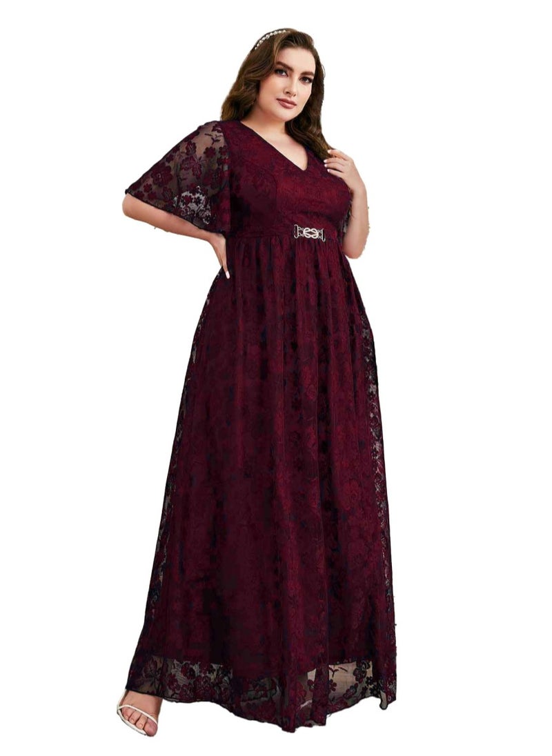 Women's V-Neck Ruffles Sleeves Lace Maxi Dress Summer Plus Size Semi Formal Ceremonial Dress Wine Red