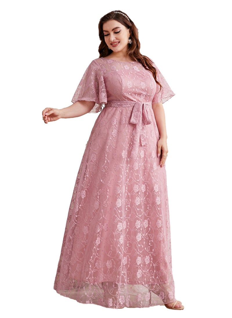 Women's Lace Round Neck Ruffle Sleeves Maxi Dress Summer Elegant High Waist Belted Ceremonial Dress