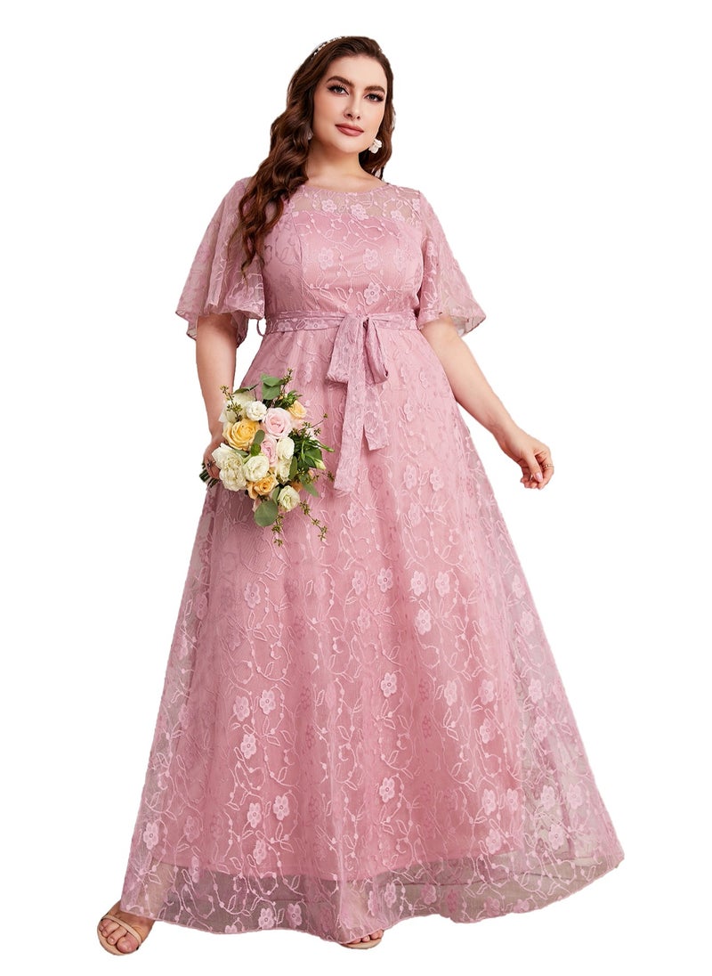 Women's Lace Round Neck Ruffle Sleeves Maxi Dress Summer Elegant High Waist Belted Ceremonial Dress