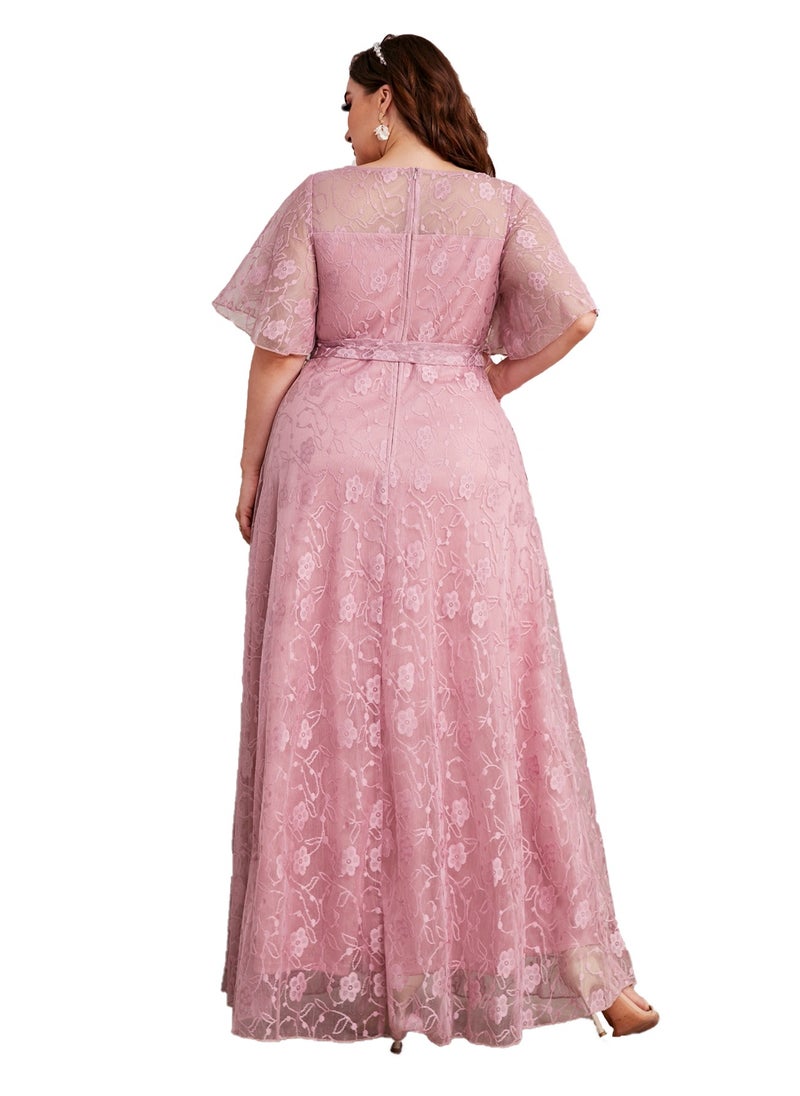 Women's Lace Round Neck Ruffle Sleeves Maxi Dress Summer Elegant High Waist Belted Ceremonial Dress
