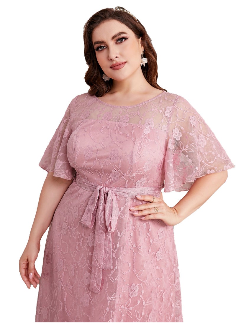 Women's Lace Round Neck Ruffle Sleeves Maxi Dress Summer Elegant High Waist Belted Ceremonial Dress