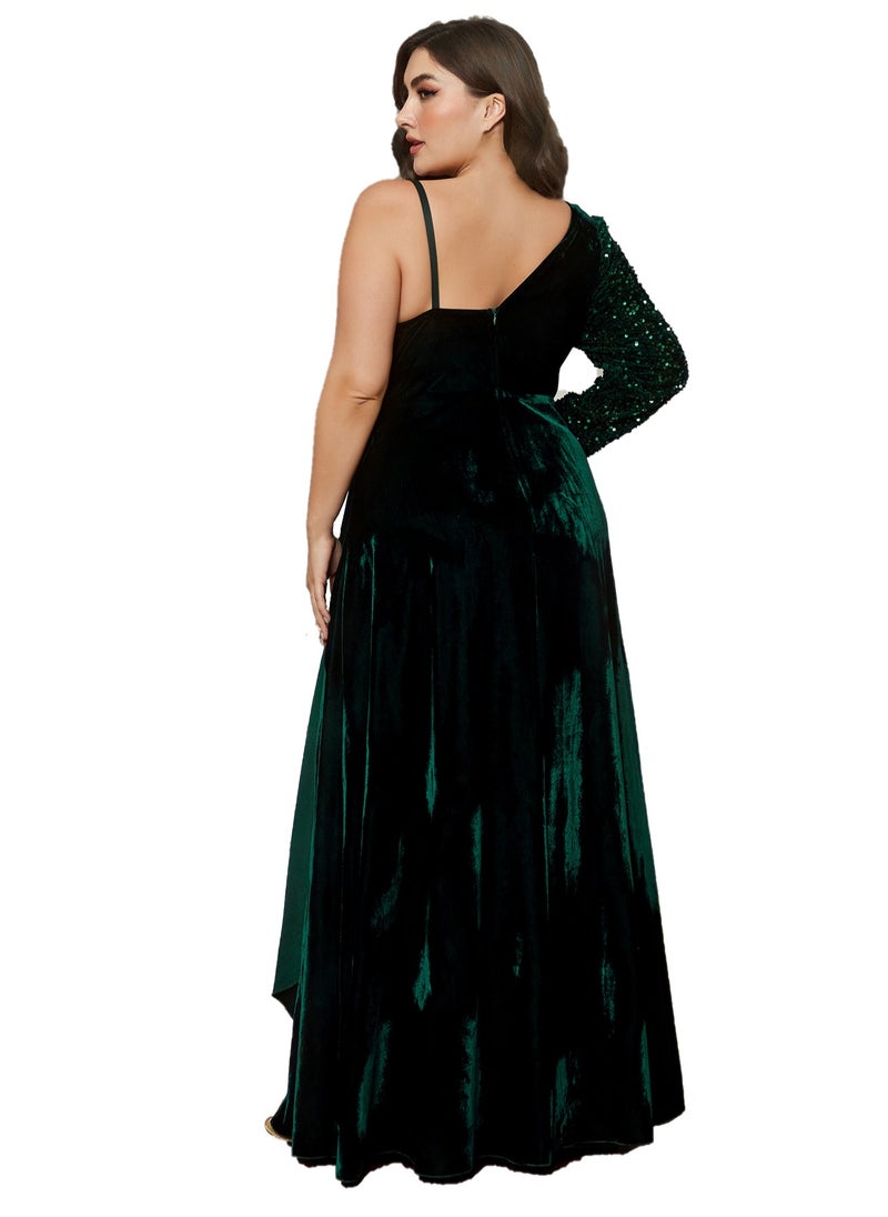 Women's Velvet V-Neck Single Sleeve Sequin Decoration Maxi Dress Elegant High Waist Ceremonial Dress