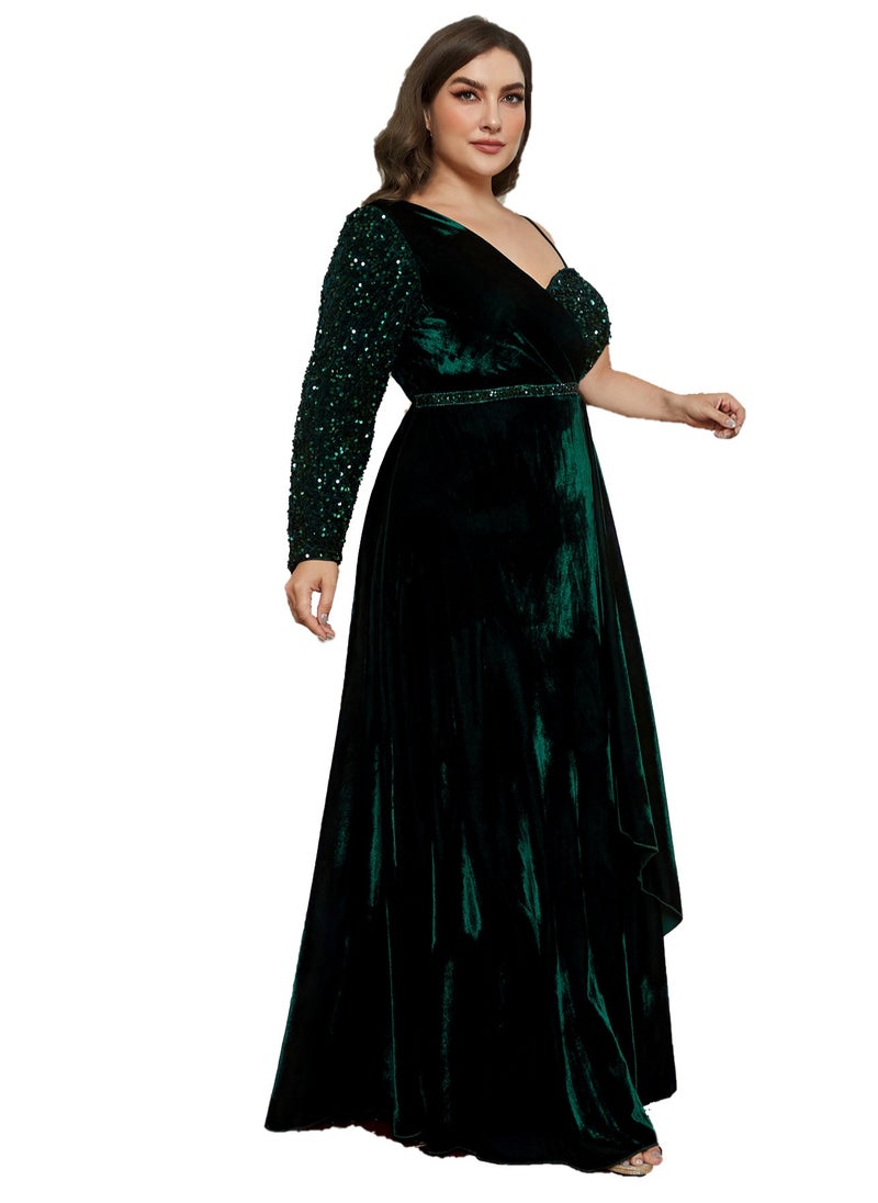 Women's Velvet V-Neck Single Sleeve Sequin Decoration Maxi Dress Elegant High Waist Ceremonial Dress