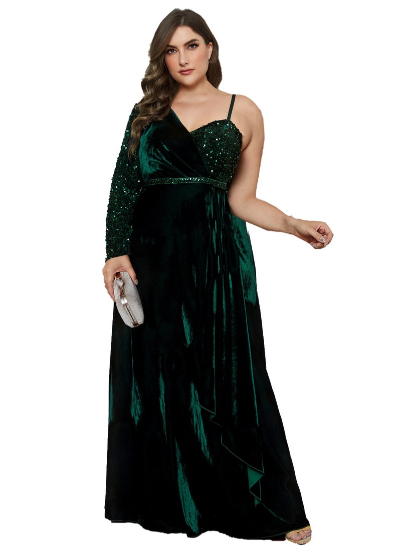 Women's Velvet V-Neck Single Sleeve Sequin Decoration Maxi Dress Elegant High Waist Ceremonial Dress